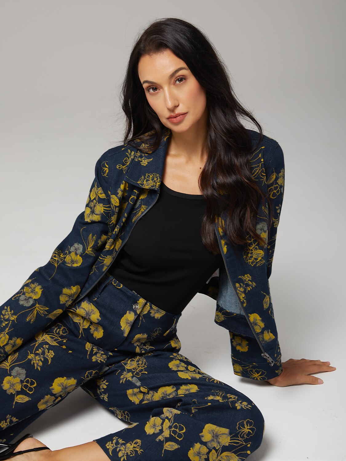 Denim Yellow Floral Print Straight Leg Pants Vacation