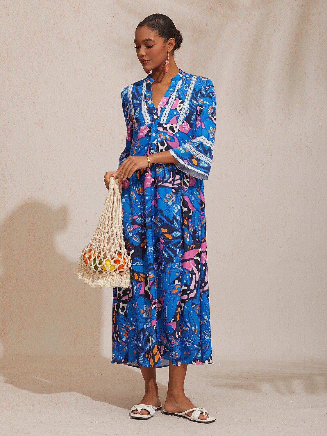 Abstract Azure Silky Satin Dot Maxi Dress