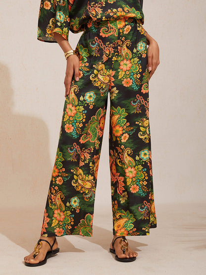 Paisley Bloom Silky Satin Wide Leg Pants