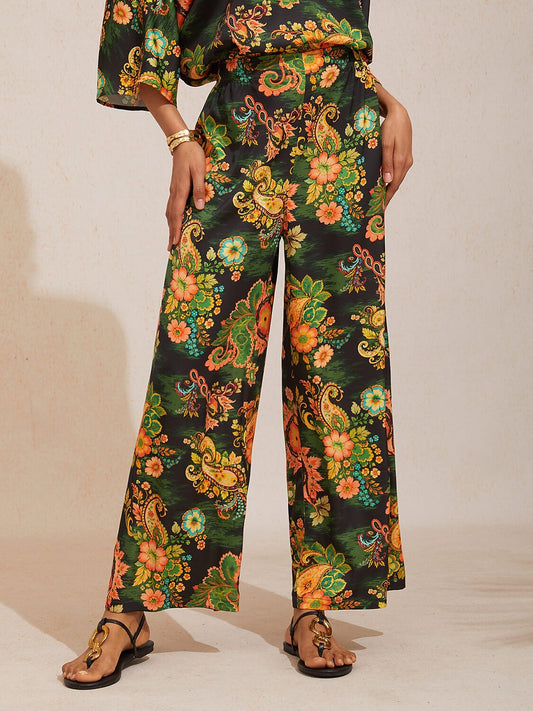 Paisley Bloom Silky Satin Wide Leg Pants