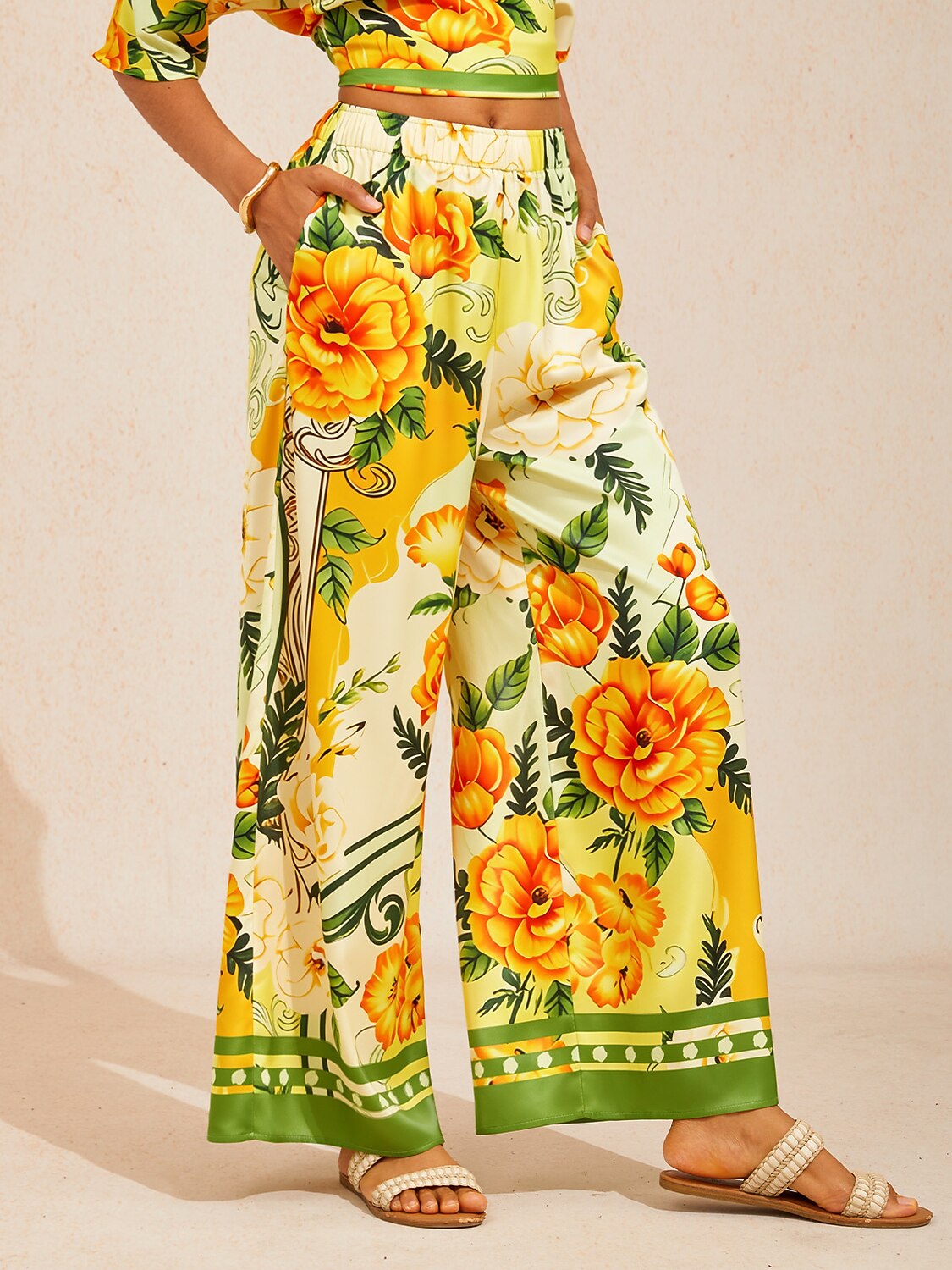 Golden Bloom Silky Satin Wide Leg Pants