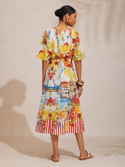 Fließendes Chiffon-Maxikleid „Spring Blooms“ mit Taillenschnürung