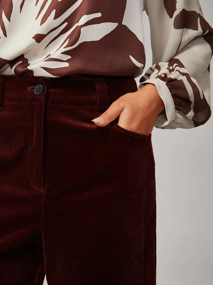 Reddish Brown Corduroy Straight Leg Pants
