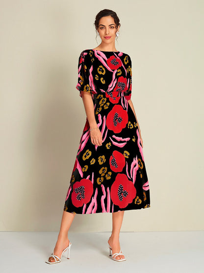 Floral Elastic Waist Half Sleeve Midi Dress