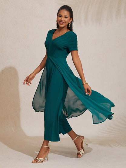 Paneled Design Faux Flowy Sheer Stretch Fabric Jumpsuit