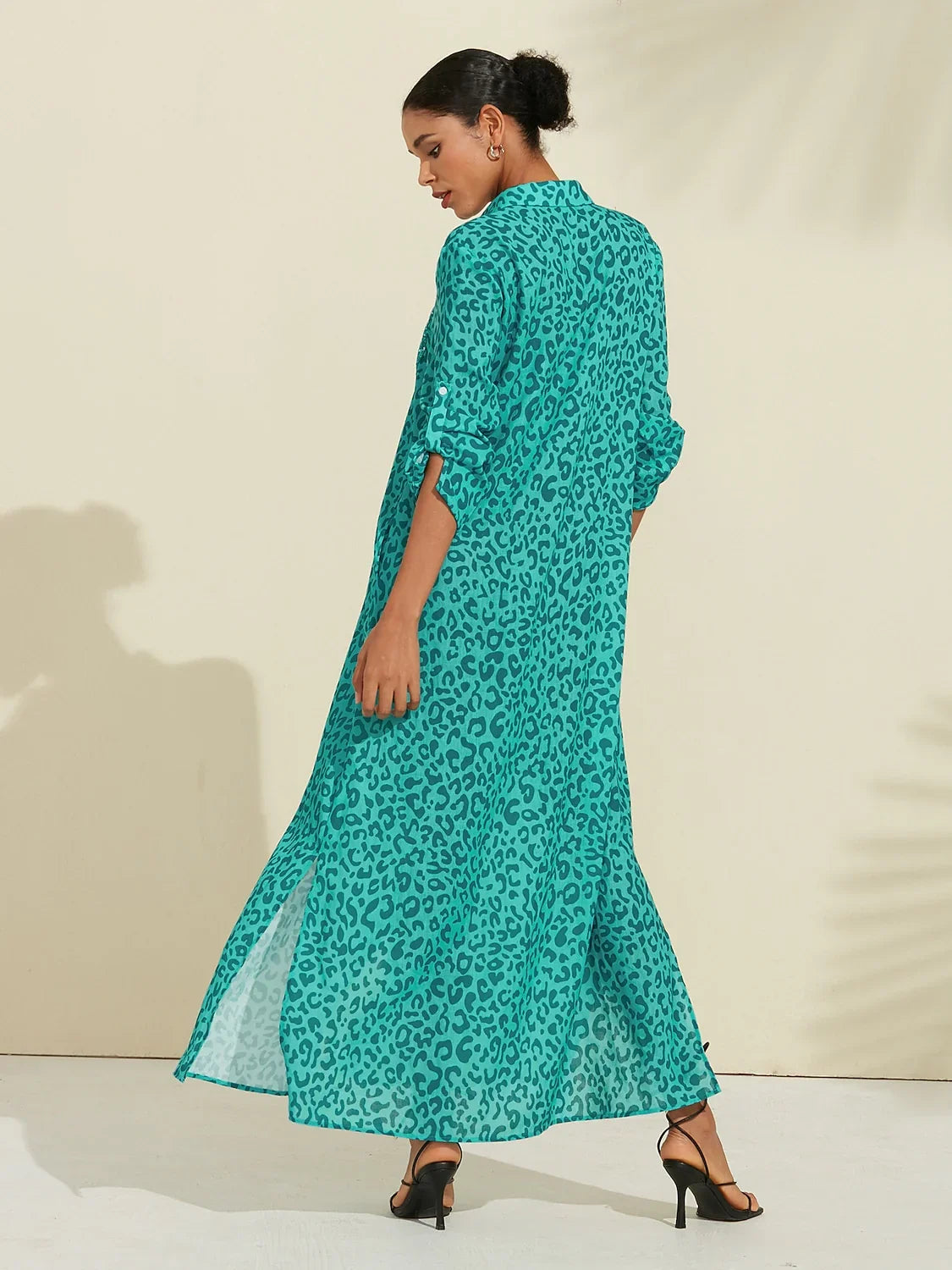 Roll up Sequin Collar Leopard Print Shirt Maxi Dress
