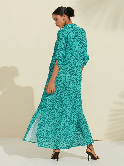 Roll up Sequin Collar Leopard Print Shirt Maxi Dress