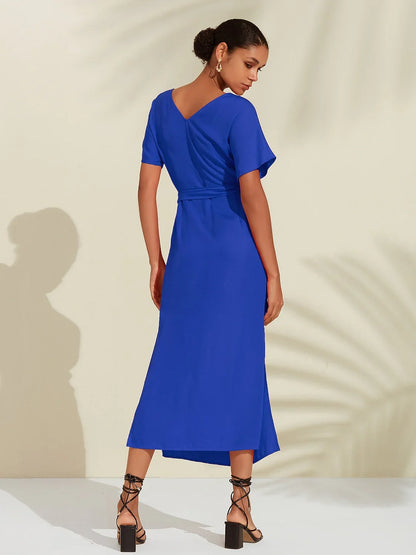 Tencel Linen Shirred Wrap Midi Dress