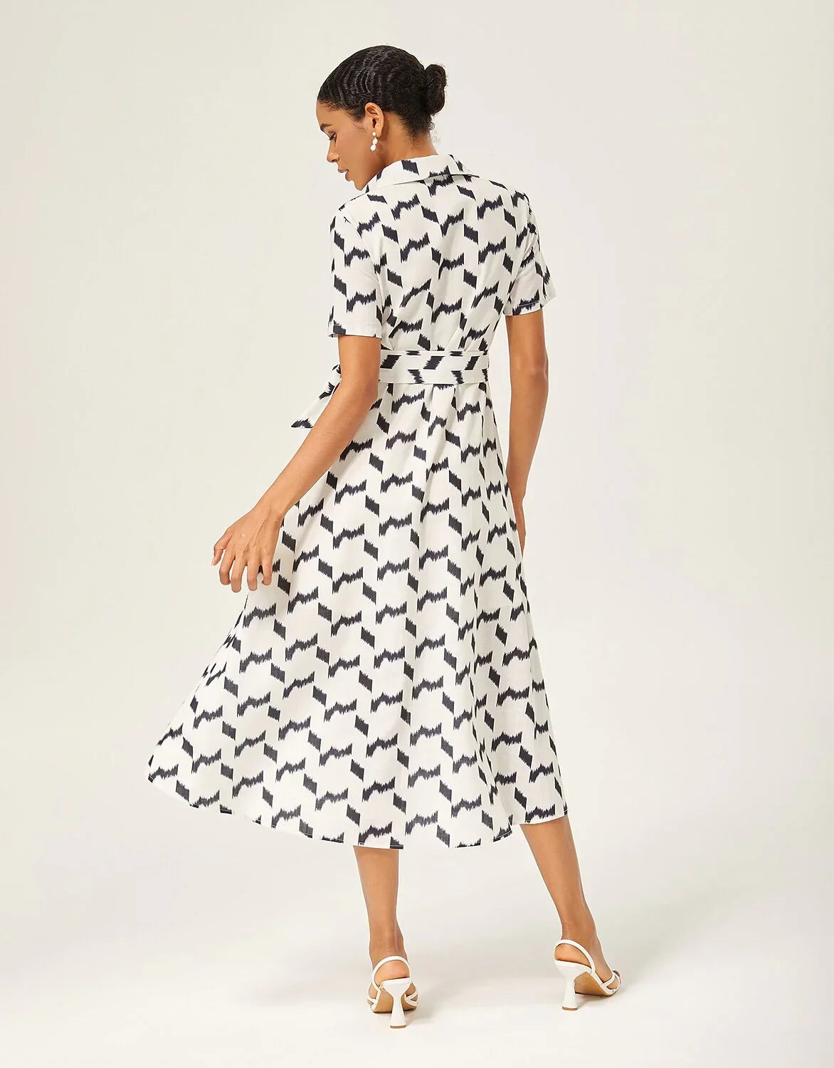 Monochrome Geometric Faux-Linen Dress