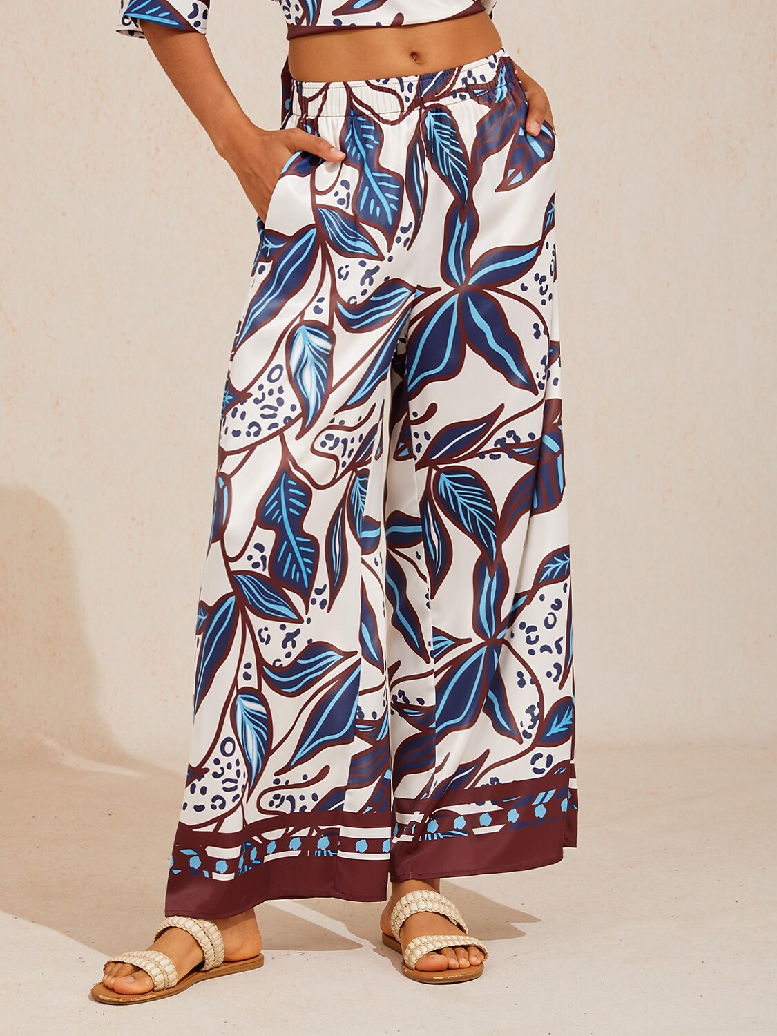 Abstract Azure Silky Satin Wide Leg Pants
