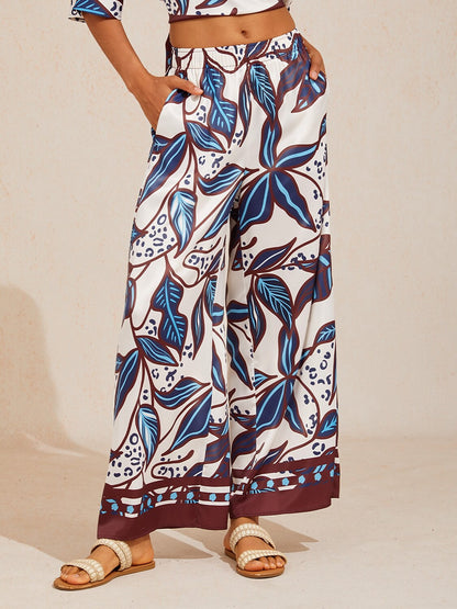 Abstract Azure Silky Satin Wide Leg Pants