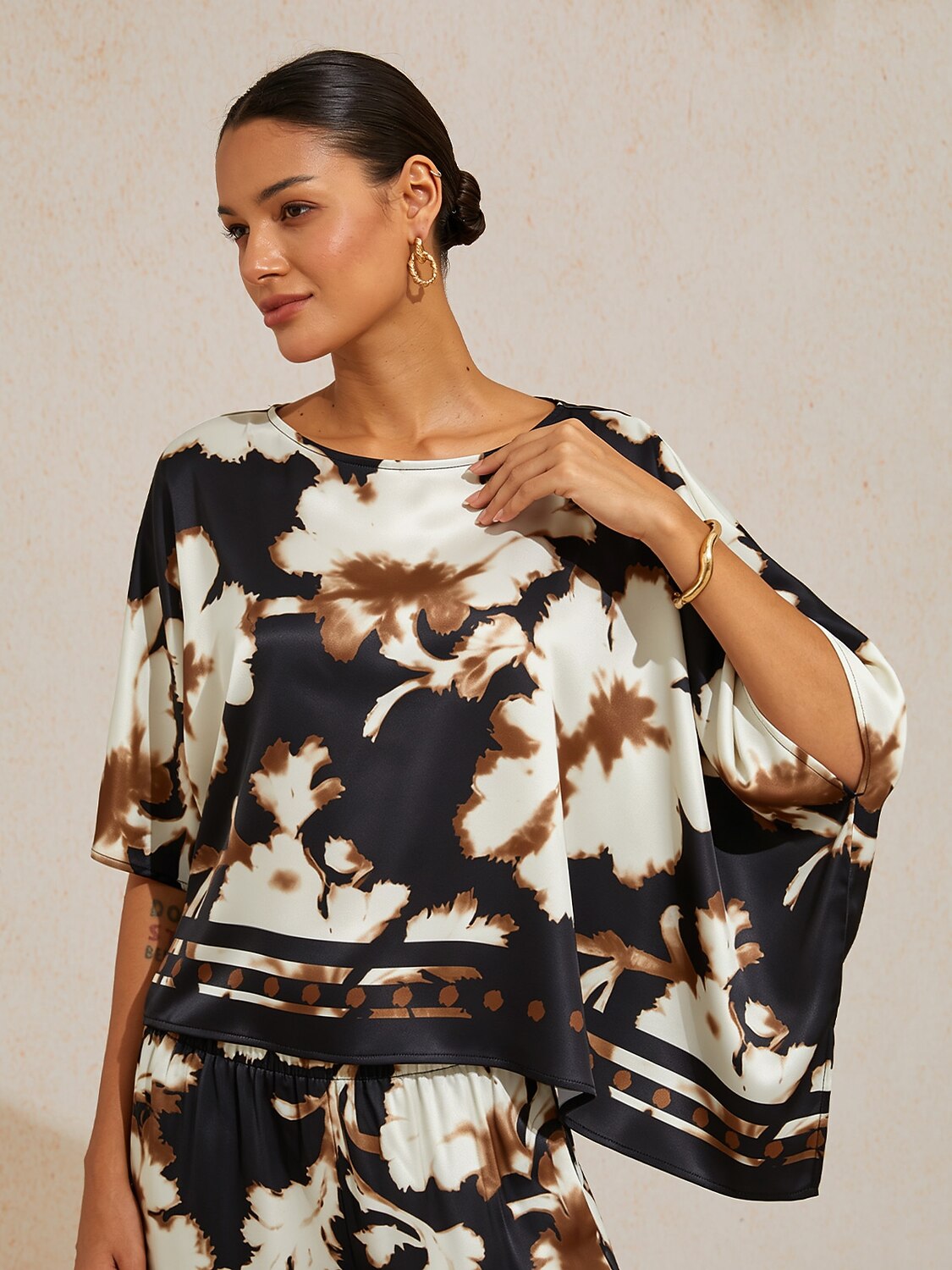 Sepia Noir Bloom Silky Satin Dolman Sleeve Top
