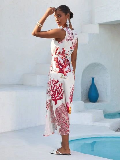 Coral Riviera Silky Satin Vacation Maxi Dress