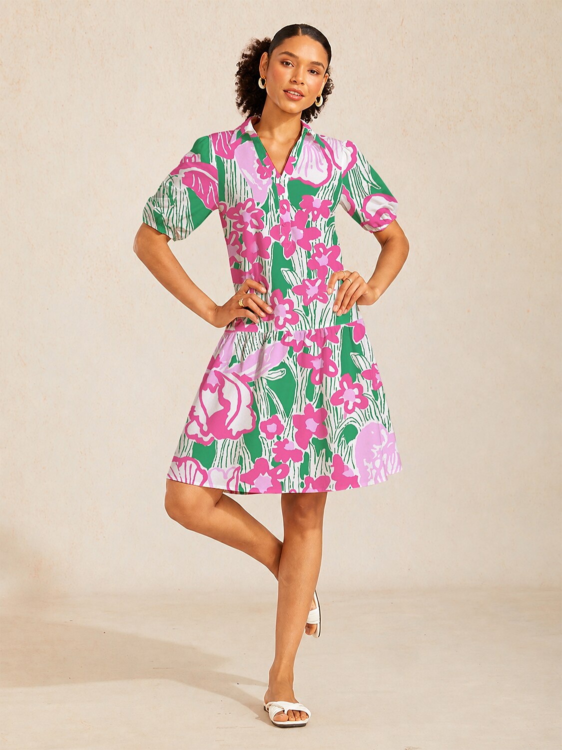 Pink Jungle Flora Linen Look Midi Dress