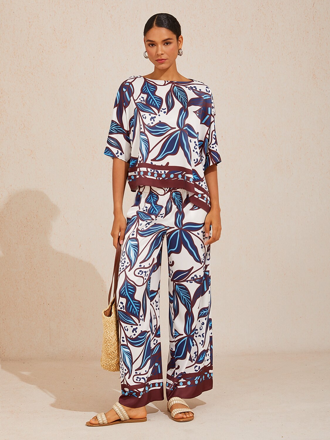 Abstract Azure Silky Satin Wide Leg Pants