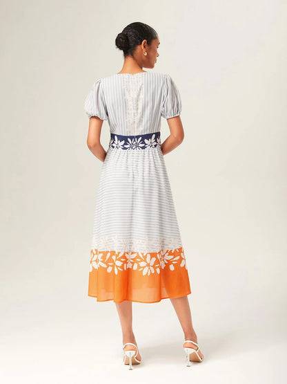 Linen-Like Striped Color Block A-Line Midi Dress