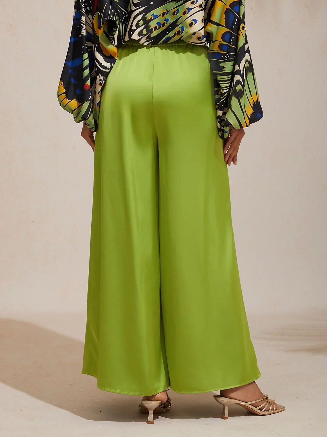 Jungle Butterfly Silky Satin Wide-Leg Pants