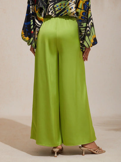 Jungle Butterfly Silky Satin Wide-Leg Pants