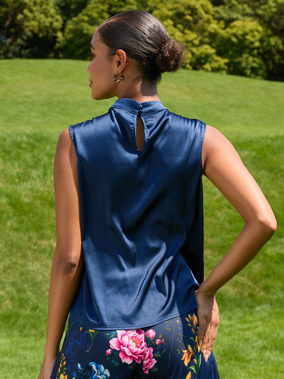 Sapphire Rose Garden Silky Satin Sleeveless Top