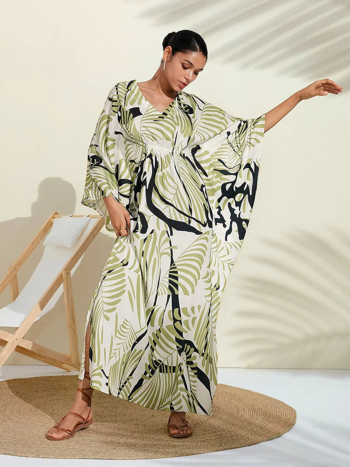 Satin Artistic Print Kaftan Maxi Dress