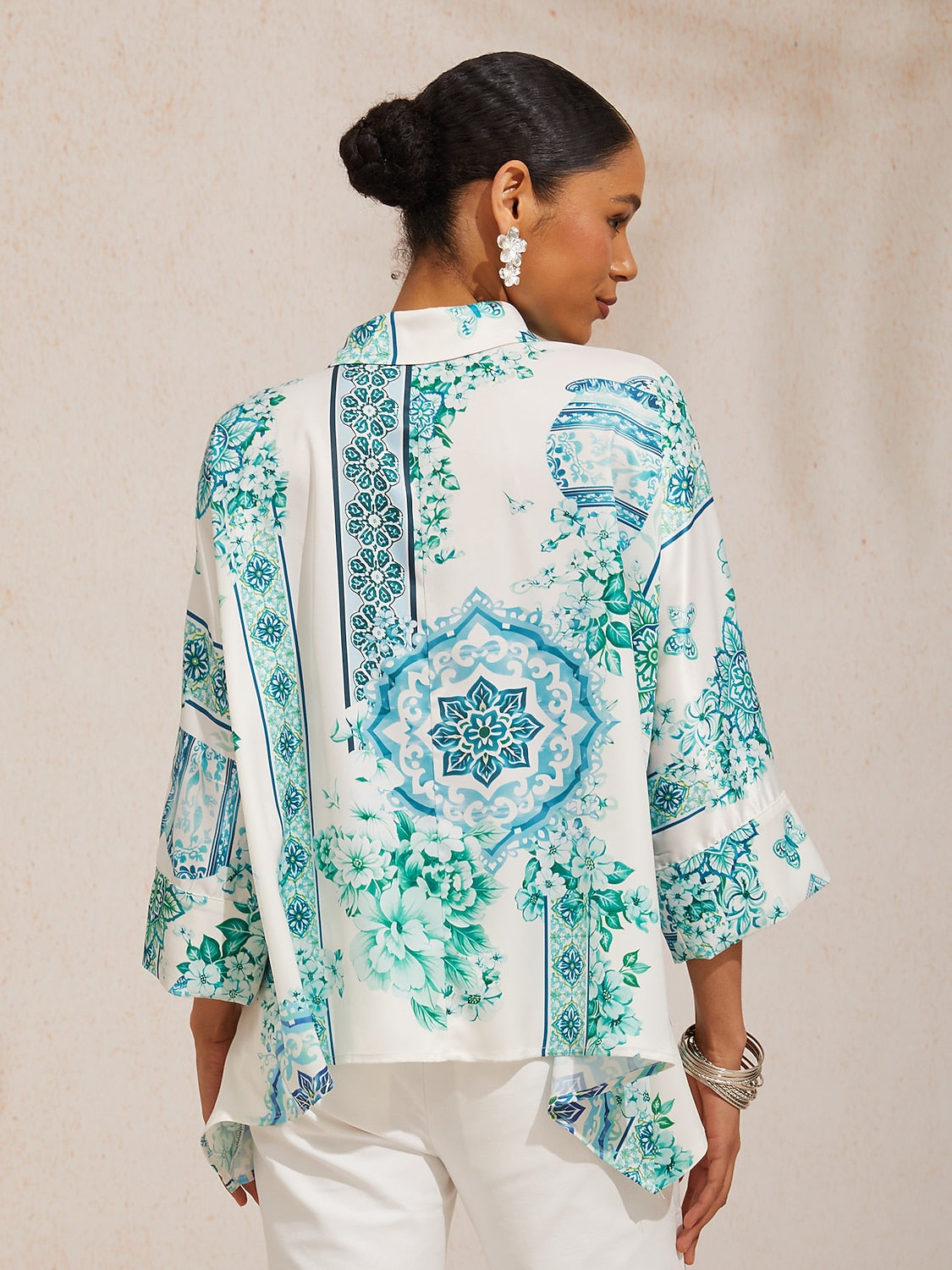 Balearic Islands Blue Silky Satin Dolman Sleeve Button Down Shirt
