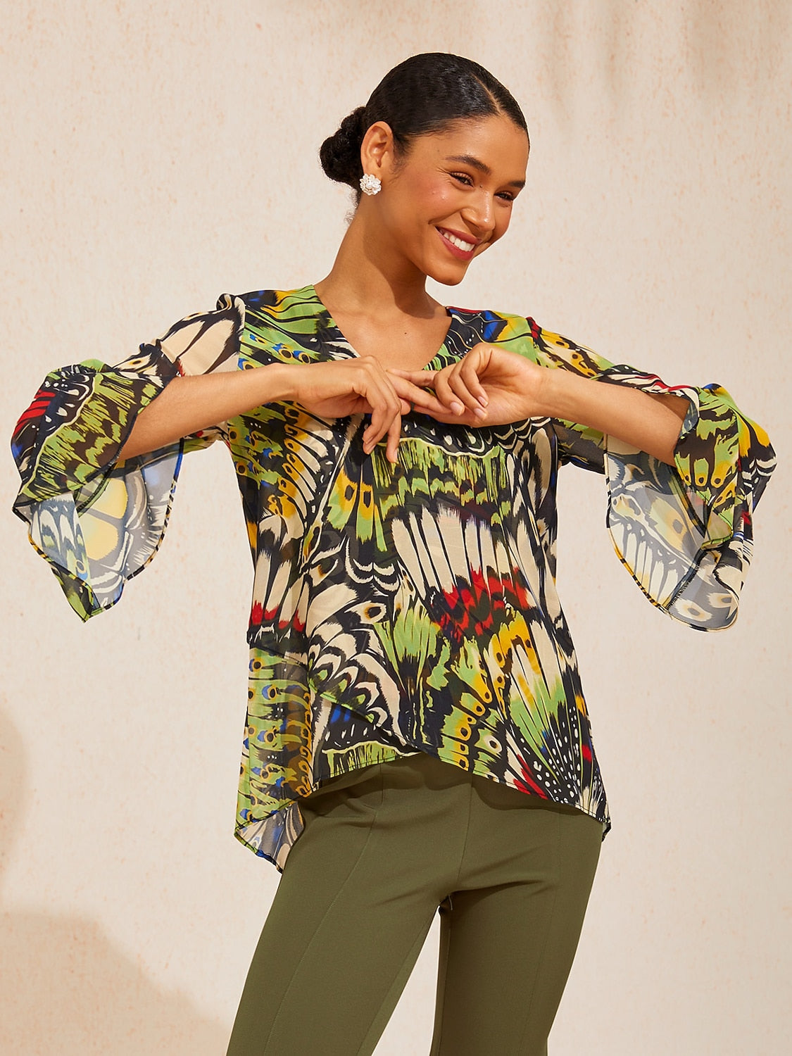 Green Mandala Floral Flowy Chiffon Blouse