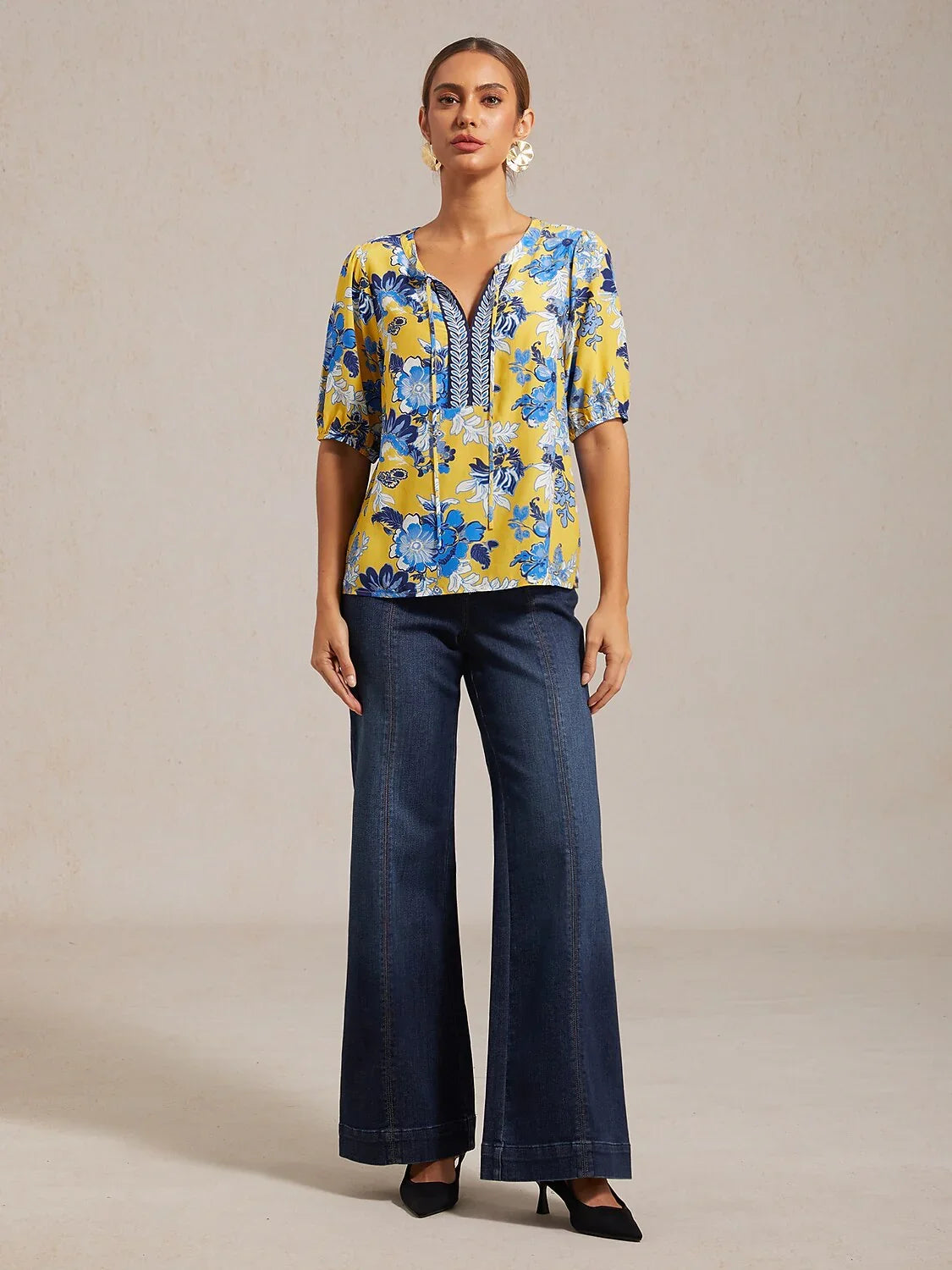 Viscose Round Neck Artistic Floral Print Vacation Top