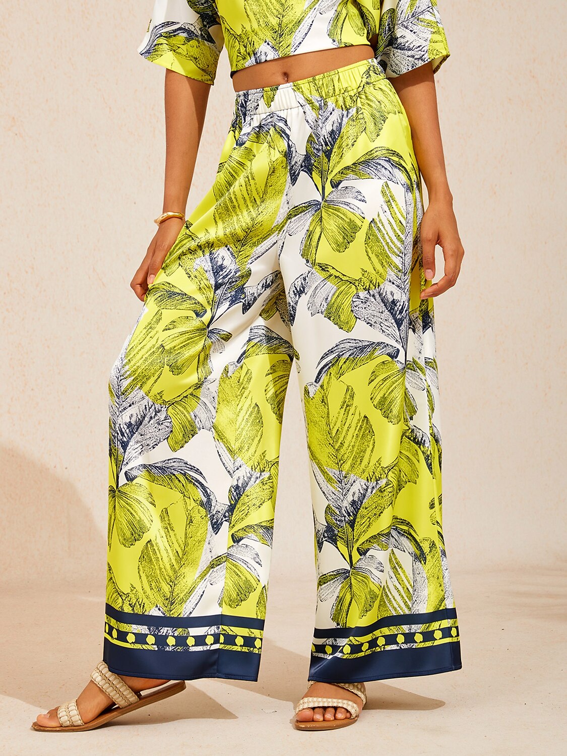 Citrus Palm Luxe Silky Satin Wide Leg Pants