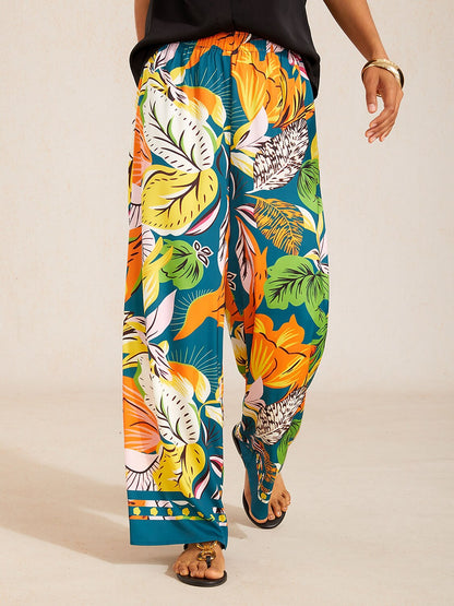 Wild Hibiscus Dream Hose mit weitem Bein aus seidigem Satin