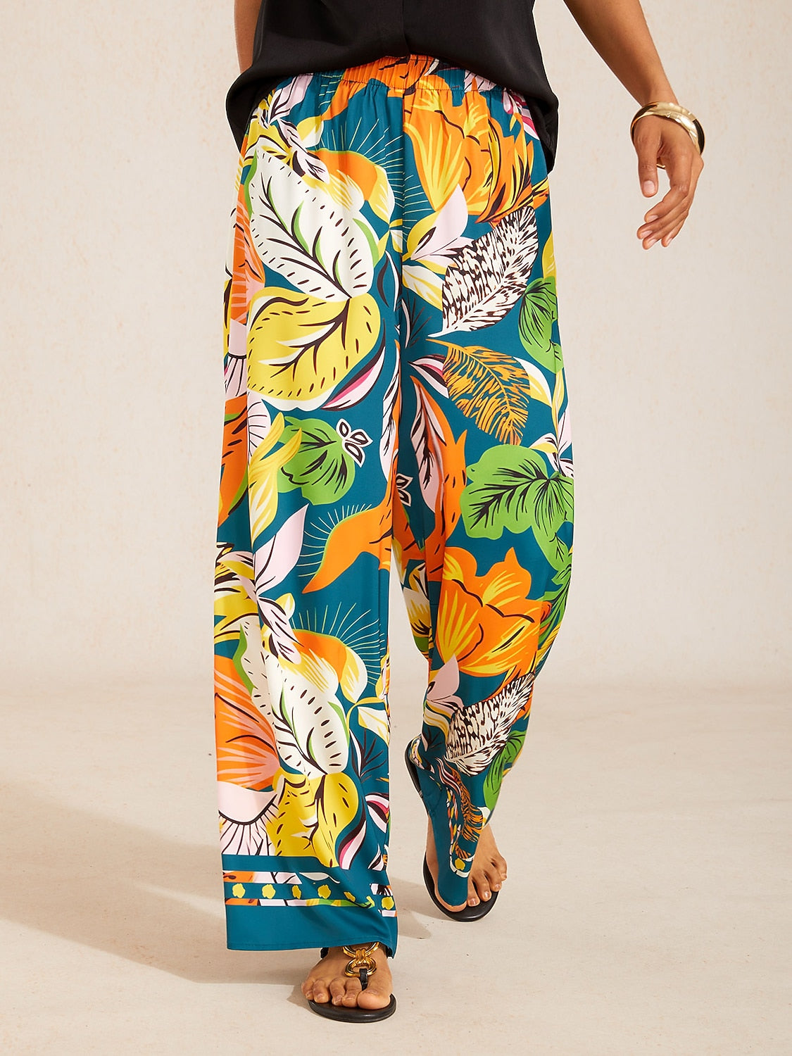 Wild Hibiscus Dream Silky Satin Wide Leg Pants