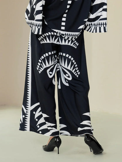 Black Satin Full Length Printing Wide Leg Pants