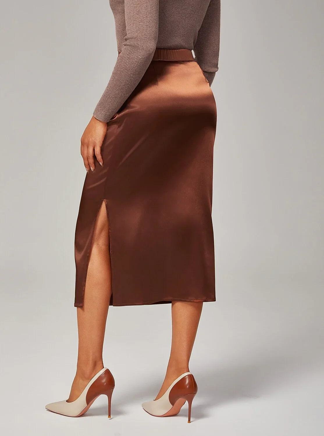 Stretch Pearlescent Satin Midi Skirt