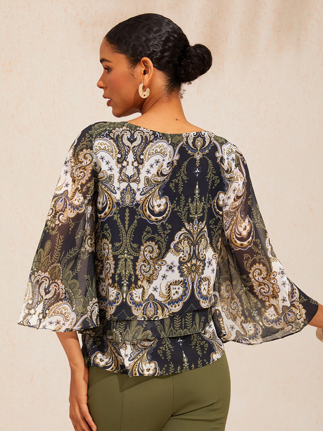 Green Mandala Floral Layered Chiffon Blouse