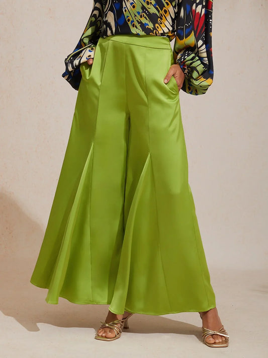 Jungle Butterfly Silky Satin Wide-Leg Pants