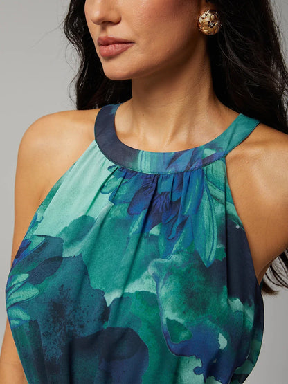 Abstract Floral Ruffle Chiffon Maxi Dress