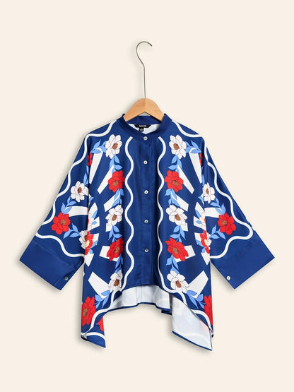 Satin Artistic Printing Standing Collar Blouse