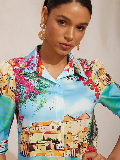 Ocean Blue Orchid Silky Satin Floral Shirt Dress