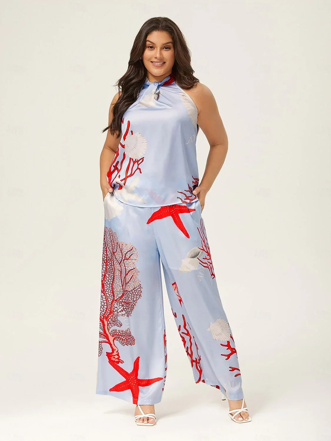Satin Ocean-Inspired Pattern Print Vacation-Style Set