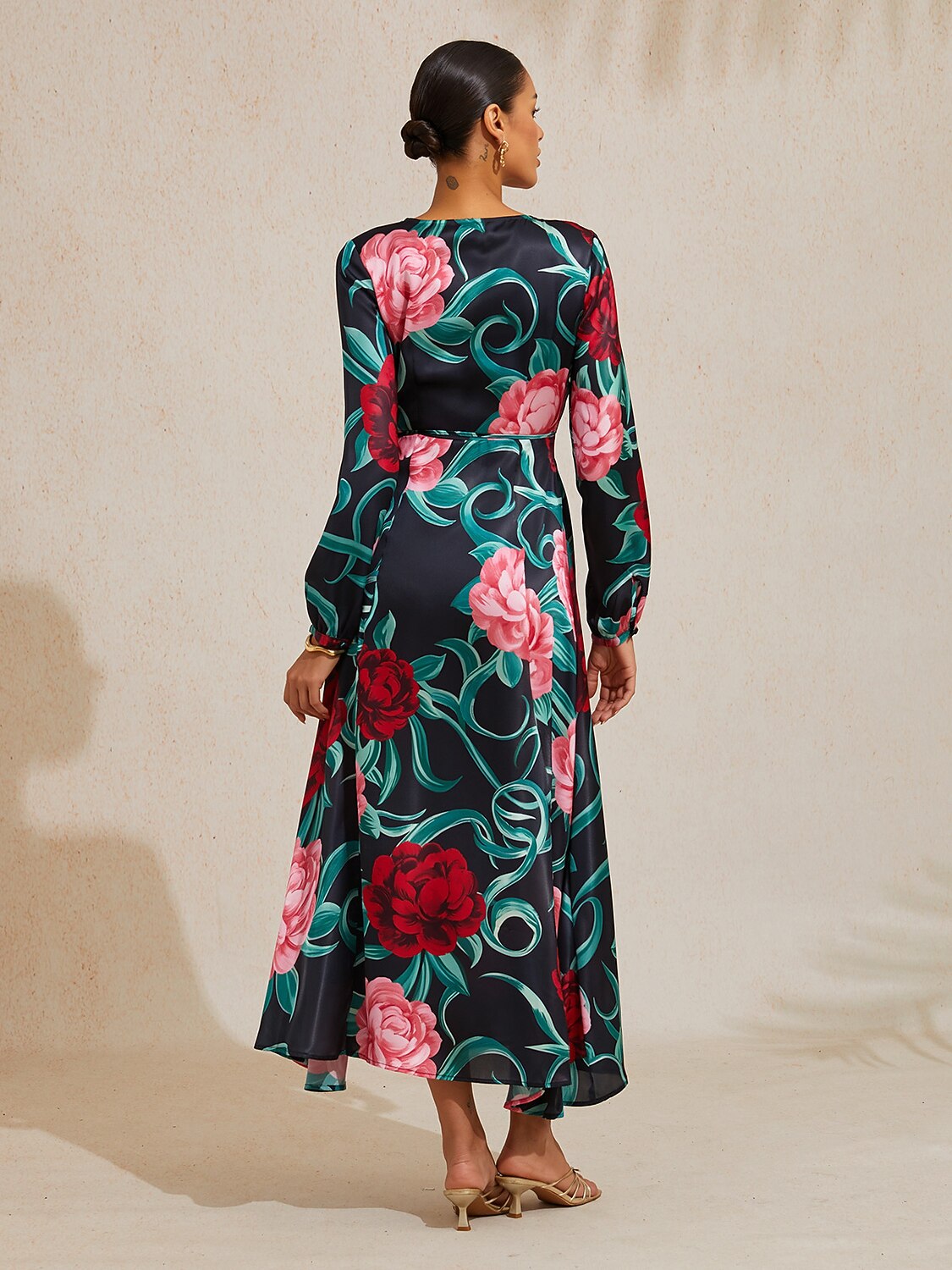 Emerald Rose Garden Silky Satin Floral Maxi Dress