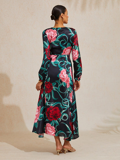 Emerald Rose Garden Silky Satin Floral Maxi Dress