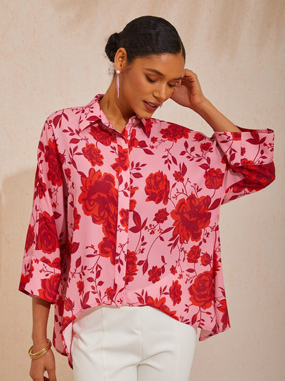 Spring Blooms Flowy Chiffon Asymmetrical Dolman Sleeve Blouse