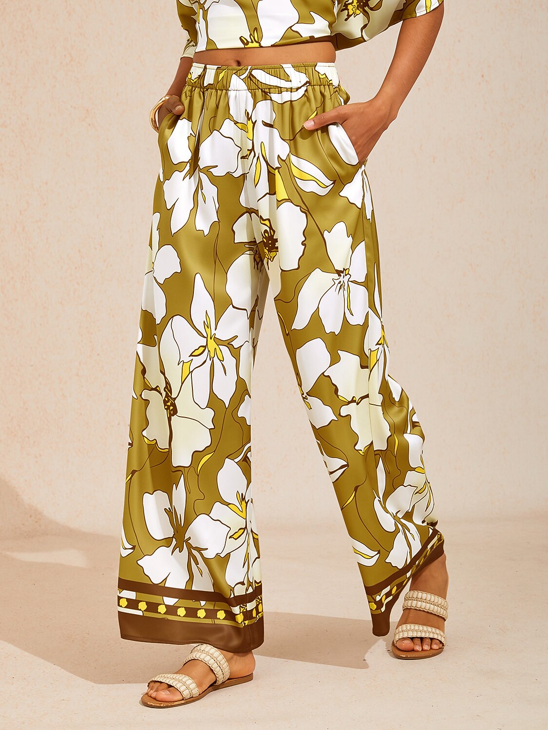 Golden Petal Glow Silky Satin Wide Leg Pants