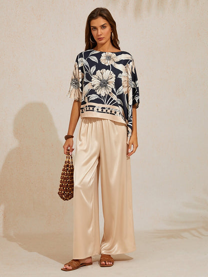 Silky Satin Blue Elastic Waist Wide Leg Pants