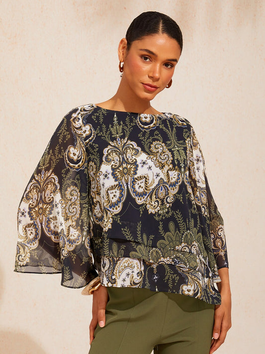 Green Mandala Floral Layered Chiffon Blouse