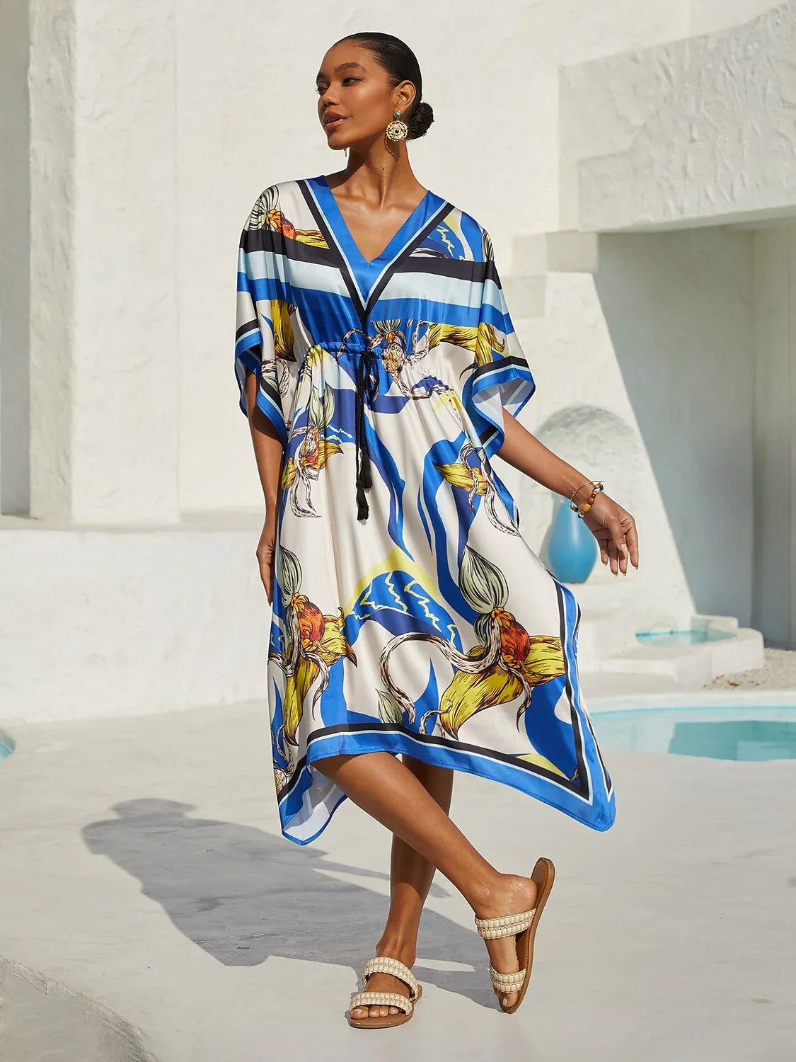 Ocean Blue Orchid Silky Satin Kaftan
