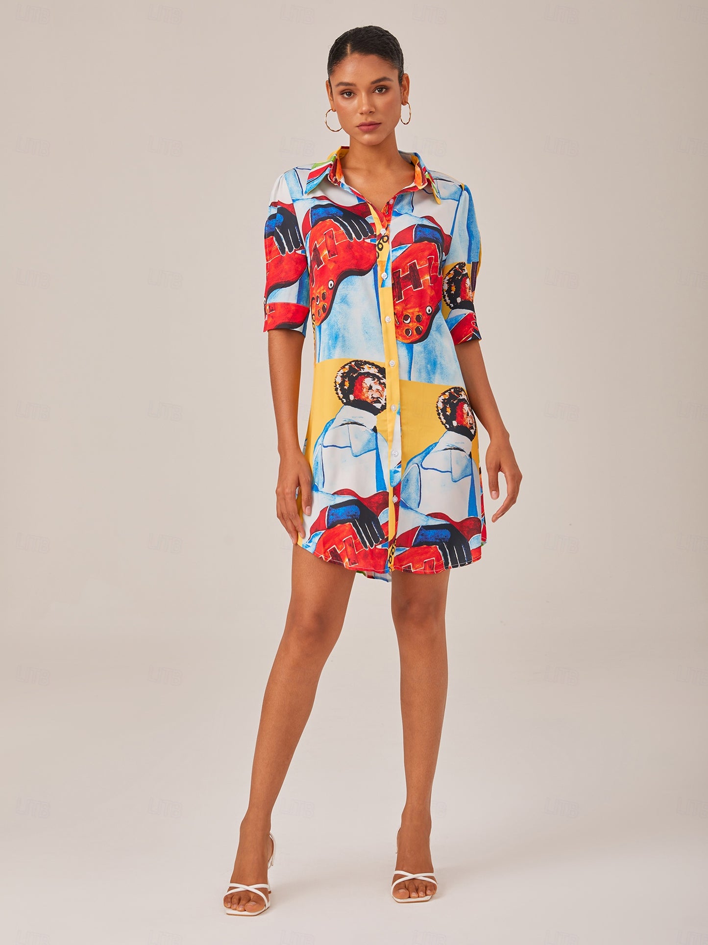 Satin Artistic Down Straight Fit Shirt Mini Dress