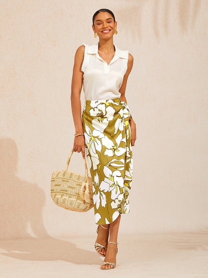 Golden Petal Glow Silky Satin Wrap Skirt