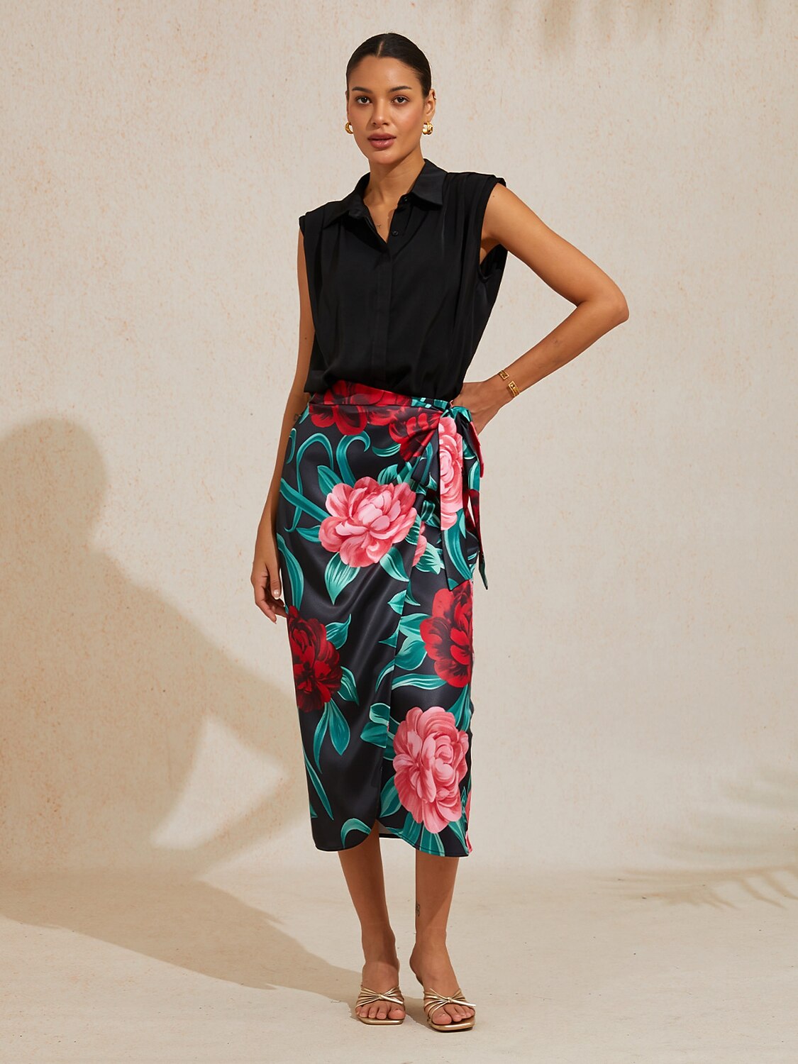 Emerald Rose Garden Silky Satin Wrap Skirt