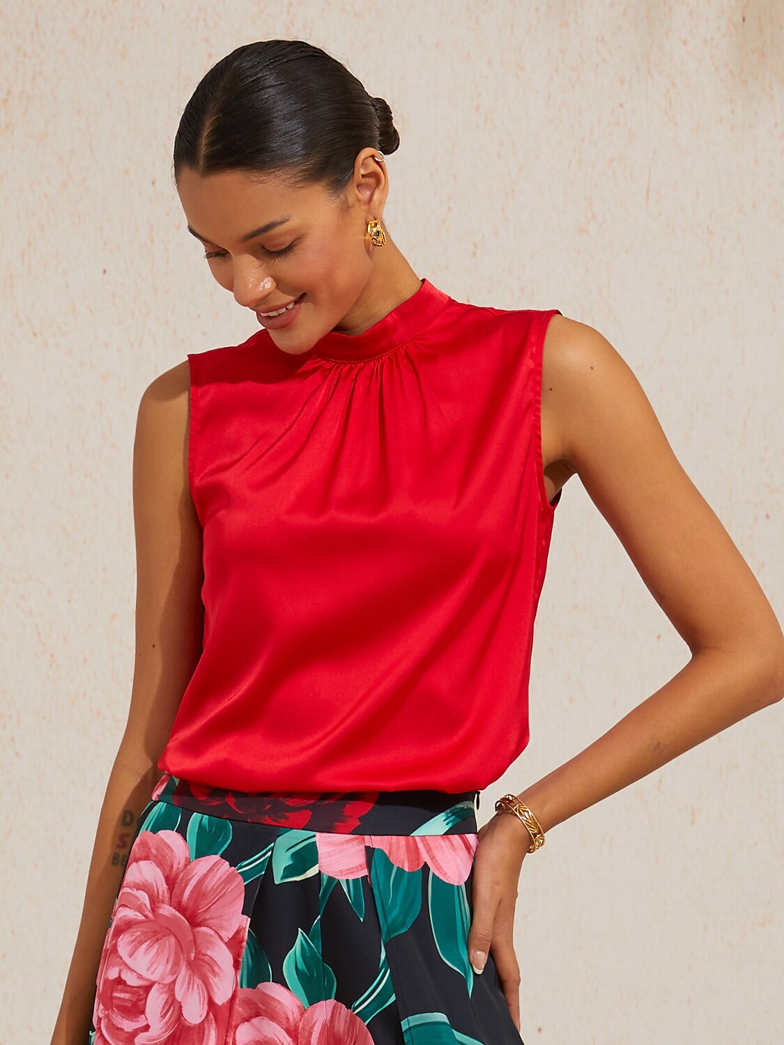 Emerald Rose Garden Silky Satin Sleeveless Top