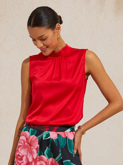Emerald Rose Garden Silky Satin Sleeveless Top